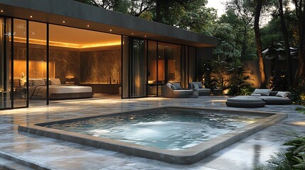 A hot tub in a luxury resort backyard, surrounded by sleek marble floors, comfortable seating, and a poolside cabana with flowing curtains,