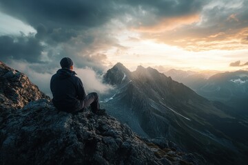 A man sits on a mountain top, looking out at the beautiful sunset, creating a serene and peaceful atmosphere. The man is lost in thought, taking in the breathtaking view