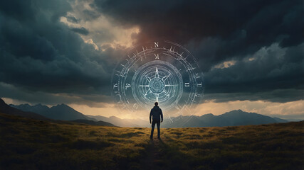 Conceptual Journey of a Man Guided by a Celestial Compass Under a Stormy Sky