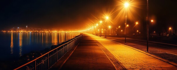A serene nighttime view of a illuminated waterfront promenade with glowing streetlights reflecting on the calm water.