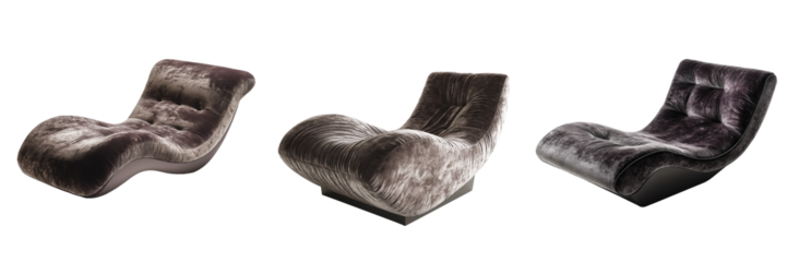 A contemporary chaise lounge with a sleek, curved design and soft velvet upholstery, isolated on a transparent background