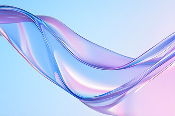 Fototapeta premium Curved waves of molten glass abstract banner. Holographic texture in Y2K style. 3d render of transparent plastic. Fluid background with an iridescent smooth surface. Trendy futuristic motion design.