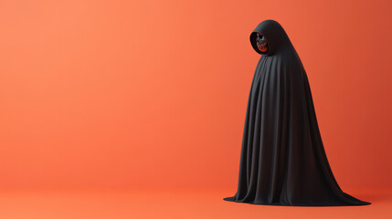 A mysterious figure in black cloak stands against vibrant orange background, evoking sense of intrigue and Halloween spirit.