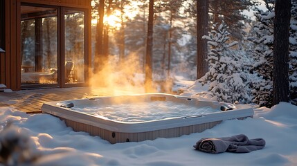 A hot tub in a winter wonderland, nestled in a snow-covered backyard, surrounded by frosted pine trees, steam rising from the warm water into the crisp winter air, soft snow blanketing the ground,