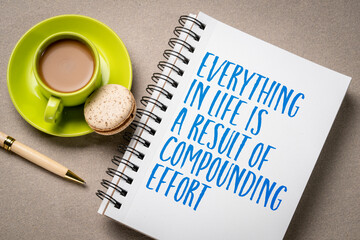 everything in life is a result of compounding effort,  impact of consistent, incremental effort over time - handwriting in a notebook