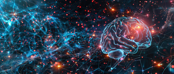 Obraz premium Artificial Intelligence Digital Background with a Futuristic High-Tech Illusion of Computer Symbol Style, Featuring Deep Blue Gradient and Red Bokeh Lights for Enhanced Depth and Contrast, Perfect for