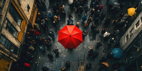 An Overhead View of People Walking on a Rainy Day with Umbrellas