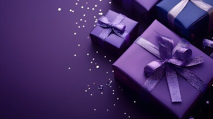 Christmas gift boxes collection, Christmas tape rope, on a purple background, banner for website.