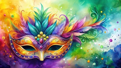 Fototapeta premium Watercolor background featuring vibrant Mardi Gras mask , celebration, party, carnival, festive, colorful, masquerade