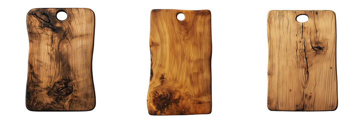 A rectangular wooden cutting board with visible wood texture and natural imperfections, featuring a small hole for hanging, isolated on transparent background