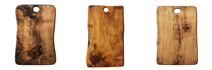A rectangular wooden cutting board with visible wood texture and natural imperfections, featuring a small hole for hanging, isolated on transparent background