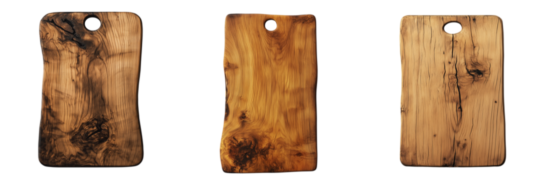 A rectangular wooden cutting board with visible wood texture and natural imperfections, featuring a small hole for hanging, isolated on transparent background