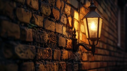 Close-up of vintage lantern attached to brick wall at night.