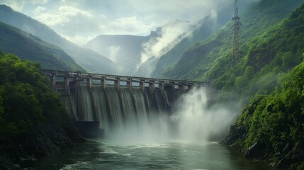 Fototapeta premium Concrete dam releasing water in a misty valley surrounded by lush green mountains.