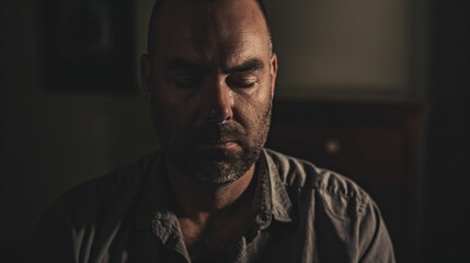 Obraz premium Image of a middle-aged man with closed eyes in a dark room.