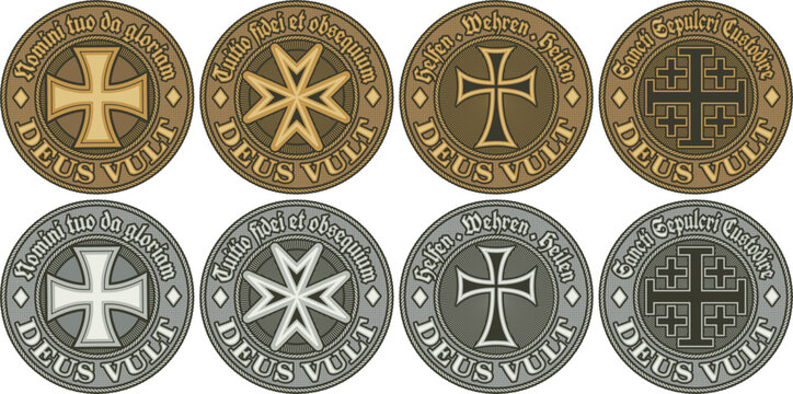 Four Metal Seals, Coins or Buckles of Various Crusader Orders with their Mottos. Templar, Johannite, Teutonic, Holy Sepulchre in Gold and Silver