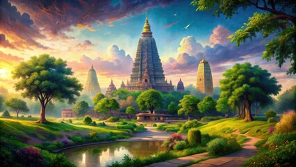 Tranquil Bodh Gaya landscape painting with mystical aura , Chinese style, serene, ancient, landscape, mystical, tranquil