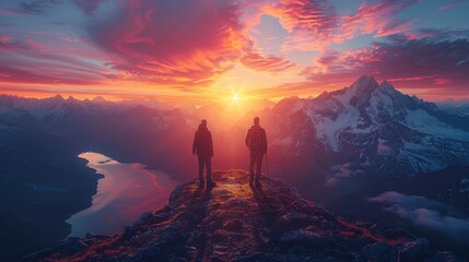 Two hikers stand on a mountain peak, soaking in a colorful, vibrant sunset that bathes the surrounding snow-capped mountains and lakes in warm, radiant light.