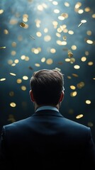 A businessman stands in awe, surrounded by shimmering gold coins falling from above, capturing a moment of opportunity and success.