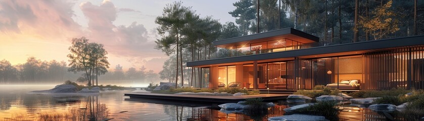 Obraz premium Modern lakeside house surrounded by pine trees at sunset, reflecting on calm water with serene natural beauty.