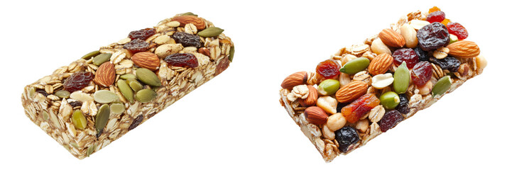 Isolated almond, seeds, nuts, and other high protein snack bar on background.
