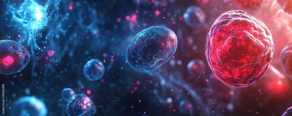 Poster A vivid representation of cellular structures in a dynamic, colorful environment, illustrating the complexity of life at a microscopic level.