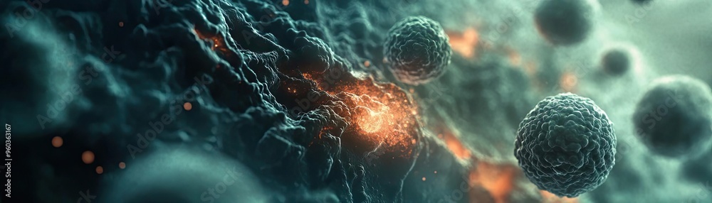 Poster Close-up of cells and microorganisms, illustrating biological processes and interactions in a vibrant abstract style.