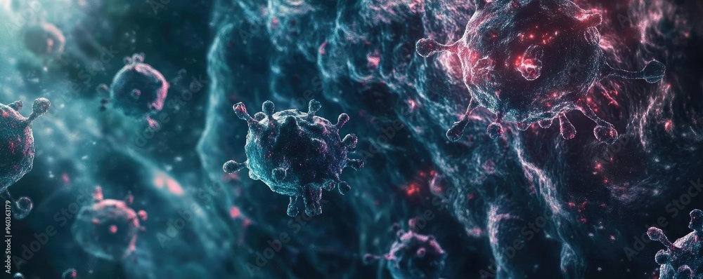 Poster a captivating depiction of microscopic cells in an abstract setting, showcasing vibrant colors and i