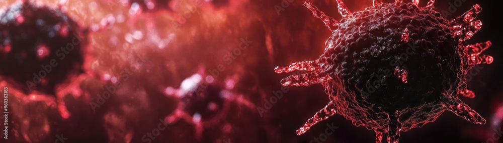 Poster Close-up view of intricate virus structure under a microscope, showcasing details in vibrant red hues.