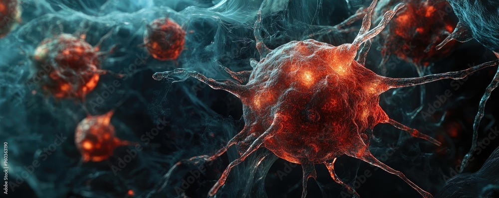 Poster detailed visualization of microscopic cells, showcasing vibrant colors and intricate structures, per