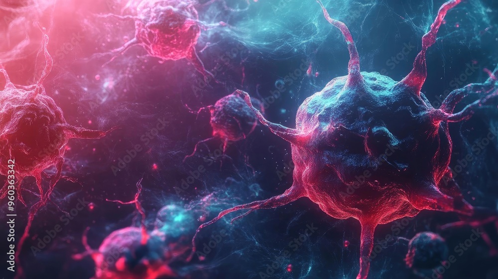 Poster colorful microscopic view of cells, showcasing intricate details and vibrant structures, highlightin