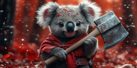 Cute koala warrior in red cloak holding an axe with vibrant red and black autumn forest background, creating a whimsical, adventurous mood