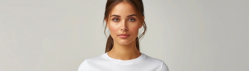 Obraz premium Portrait of a young woman with long brown hair wearing a white t-shirt, looking straight ahead against a plain background.