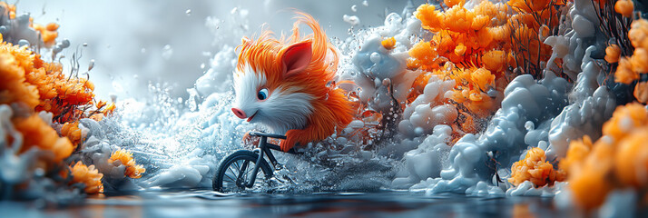 Adventurous hamster riding a bicycle through bubbly water surrounded by vibrant orange flowers in a whimsical, dreamy setting