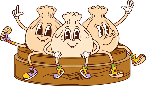 Cartoon retro groovy dim sum characters with funky funny faces, vector Asian cuisine food. Groovy dim sum dumplings with happy smile and whistling for Chinese food cartoon kawaii cheerful characters