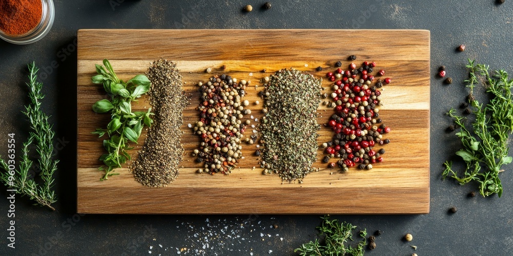 Wall mural spices and herbs on a wooden cutting board.