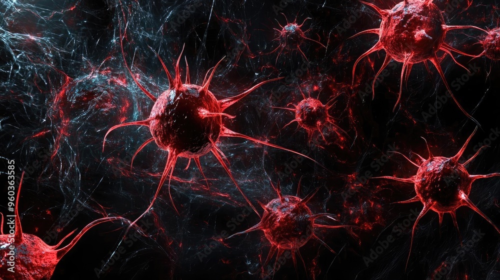 Poster High-resolution image of abstract red cells in a dark environment, showcasing intricate details and scientific elements.