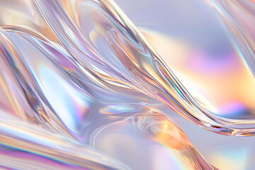 Abstract banner with holographic curved waves of chrome foil in Y2K style. 3d render of transparent plastic. Fluid background with an iridescent smooth surface. Trendy design of futuristic texture.