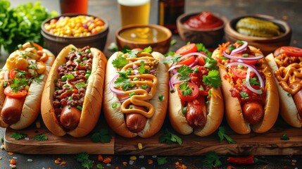 A vividly colorful display of gourmet hot dogs, each one uniquely topped with an assortment of ingredients including cheese, onions, cilantro, and special sauces.
