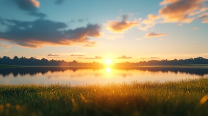 Fototapeta premium A serene sunrise over a calm lake, with golden light reflecting on the water and lush grass in the foreground, evoking tranquility.