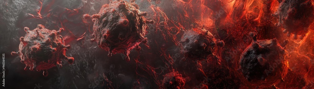 Poster an abstract representation of viruses floating in a fiery environment, showcasing details and dramat