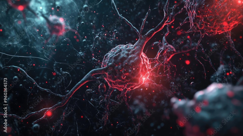 Poster microscopic view of neurons with glowing connections, showcasing the beauty of cellular structures i