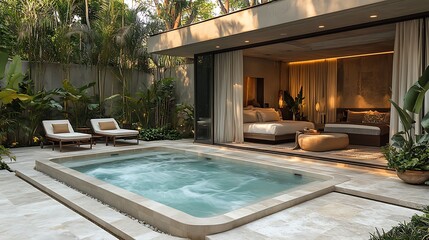 A luxurious hot tub in a resort-style backyard, featuring sleek marble flooring, plush seating, and a poolside cabana with soft, flowing curtains, warm lighting casting a soft glow over the scene,