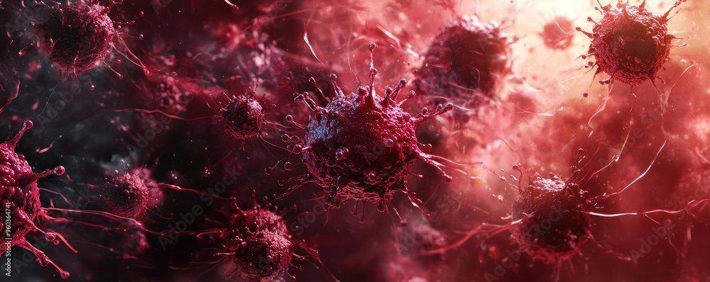 Poster a vibrant, abstract depiction of virus-like structures in red and black, showcasing microscopic deta
