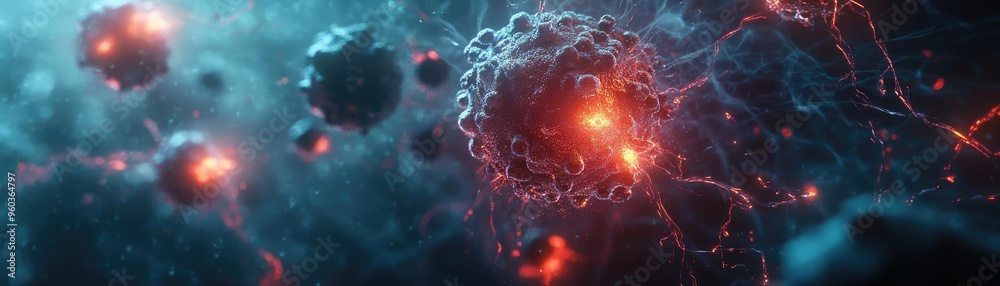 Poster Abstract representation of cellular structures with glowing elements and vibrant colors, symbolizing life and energy.