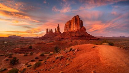 An awe-inspiring desert landscape with towering red rock formations and a dramatic sunset casting vibrant hues across the sky
