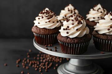 Delicious chocolate cupcakes topped with smooth vanilla frosting, displayed elegantly on a dark background.