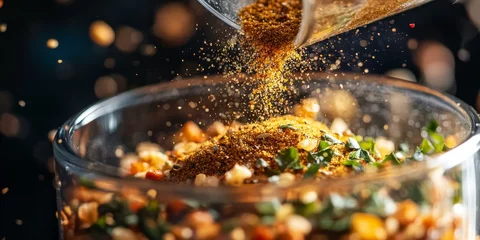 Spices pouring into a bowl with herbs. © jambulart