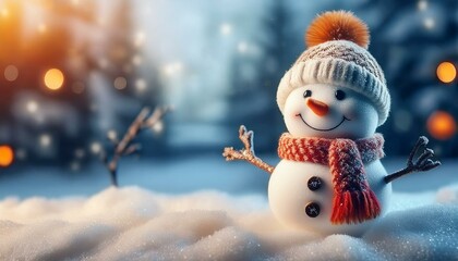friendly, cheerful snowman in the snow. Winter or Christmas background