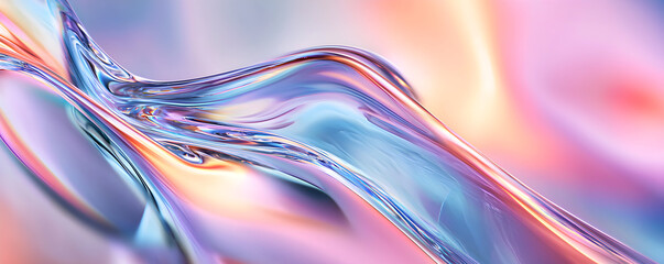 Curved waves of molten glass abstract banner. Holographic texture in Y2K style. 3d render of transparent plastic. Fluid background with an iridescent smooth surface. Trendy futuristic motion design.